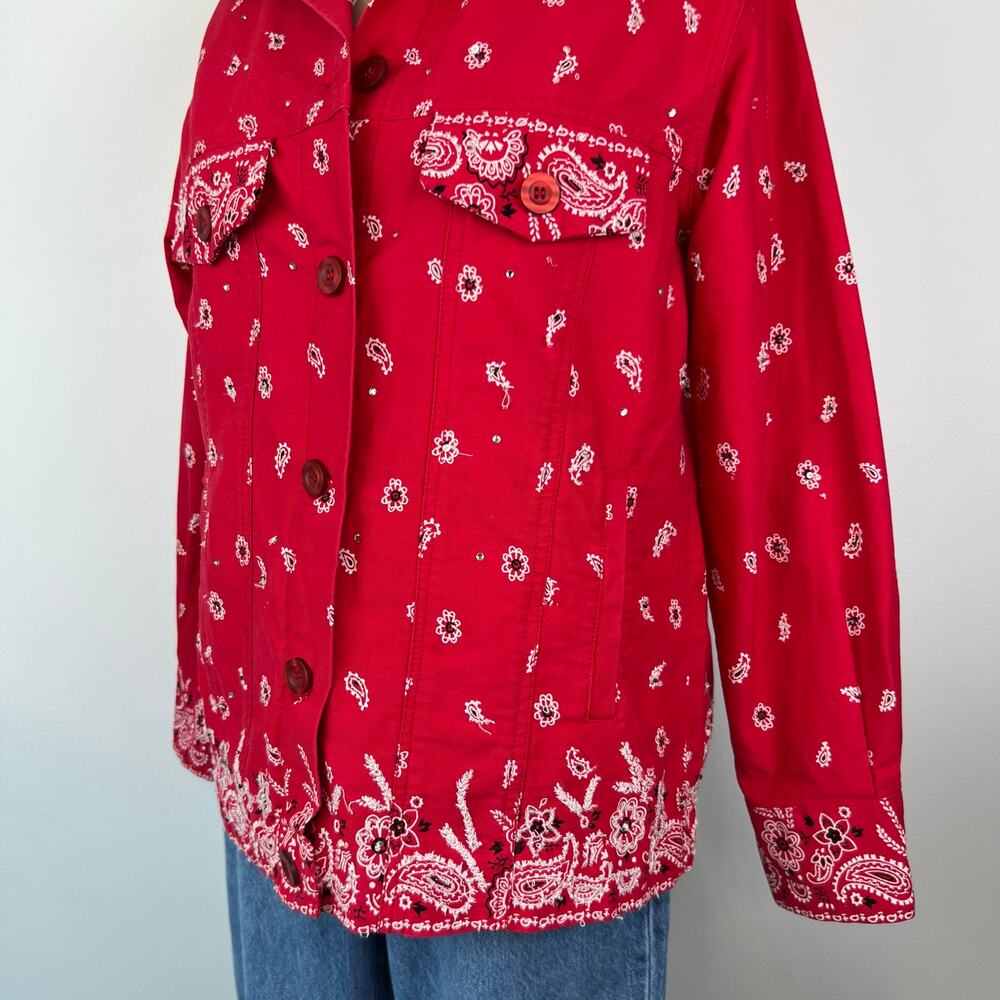 The Quacker Factory Paisley Western Jacket Red Beaded Bedazzled Bandana (Sz S) - Picture 15 of 16